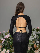 LOVE&LEMONADE Long Sleeve Black Sequin Backless Tie Blouse For Party, Wedding Event Dress, Elegant